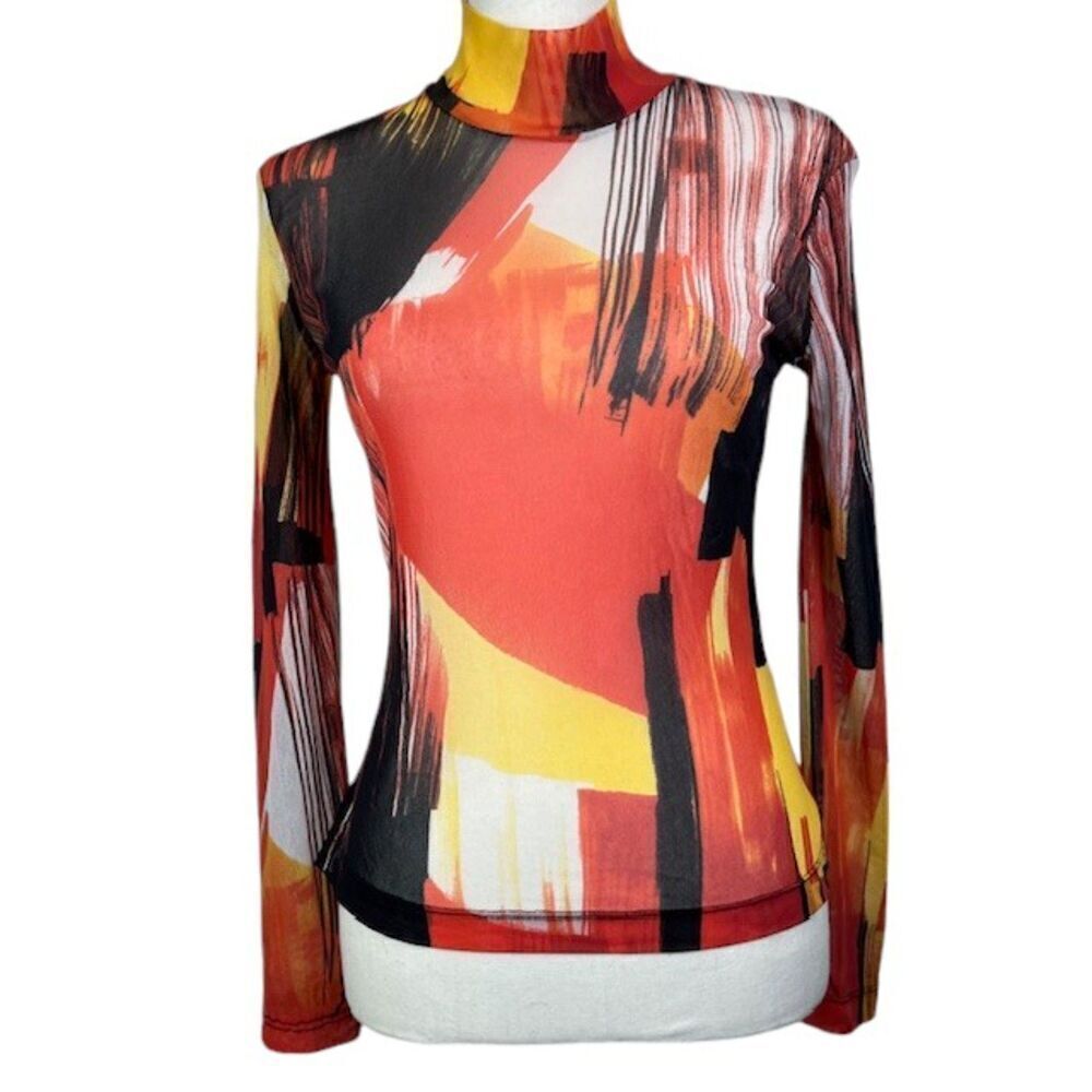 St. John SoCa Sheer Bright Abstract Print Mock Neck Long Sleeve Top Size Small